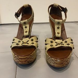Size 7, Snake print, t-strap studded platforms